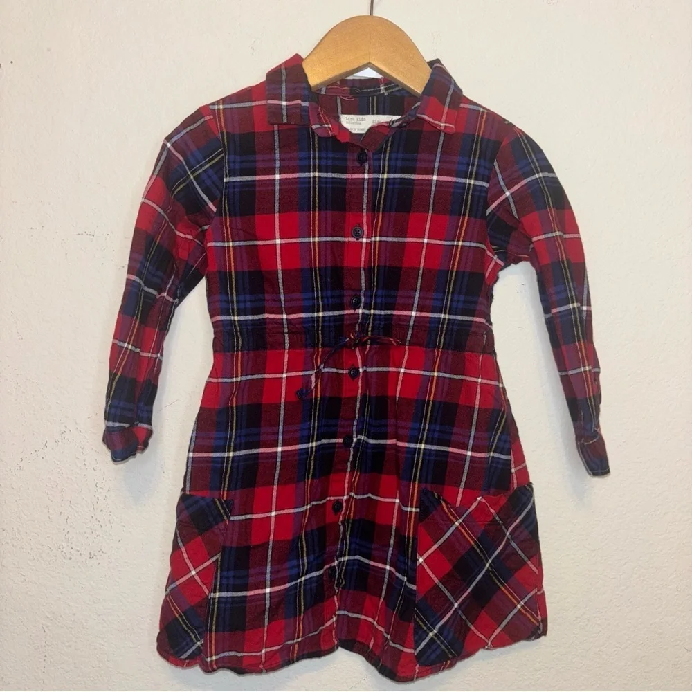 ZARA kids red navy plaid shirt dress, girls size 5 Long Sleeve Dress